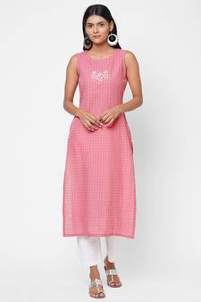 Cotton slub kantha stripes kurta with block print