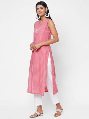 Cotton slub kantha stripes kurta with block print 2