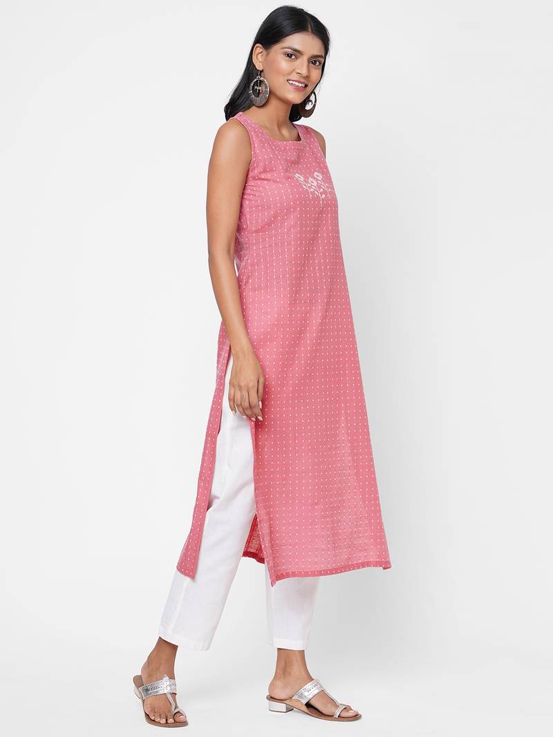 Cotton slub kantha stripes kurta with block print