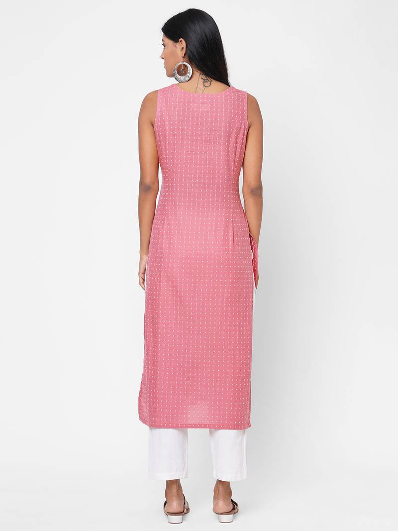 Cotton slub kantha stripes kurta with block print