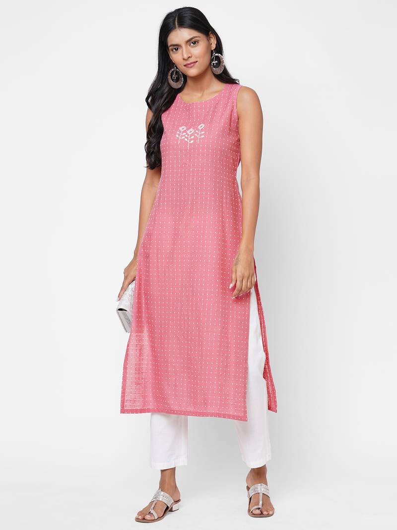 Cotton slub kantha stripes kurta with block print