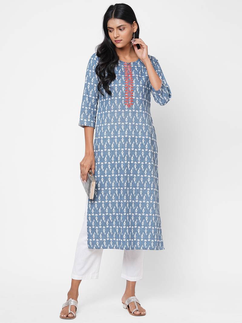 Flex print kurta with embroidery
