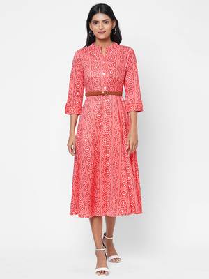 A-line Bandhani printed dress with leather belt 1