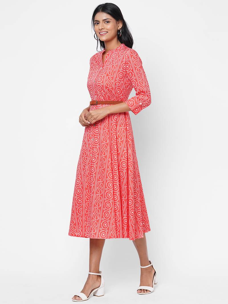 A-line Bandhani printed dress with leather belt