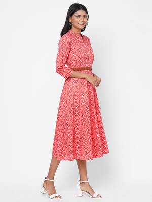 A-line Bandhani printed dress with leather belt 3