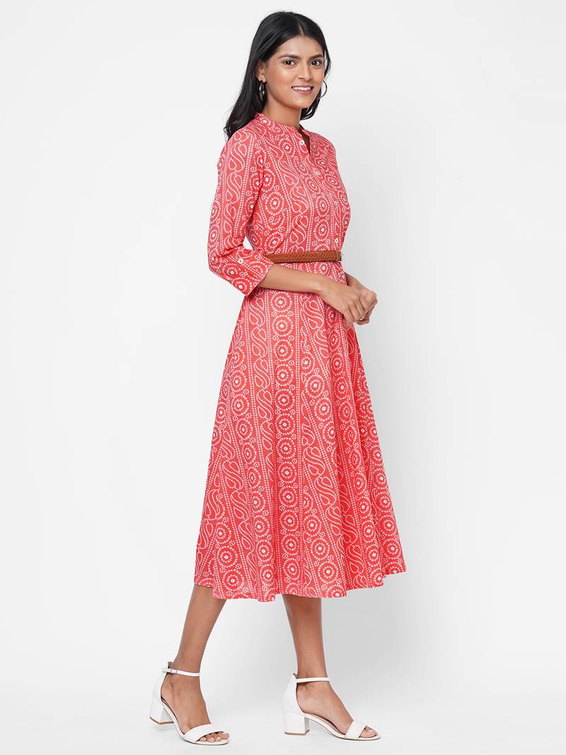A-line Bandhani printed dress with leather belt
