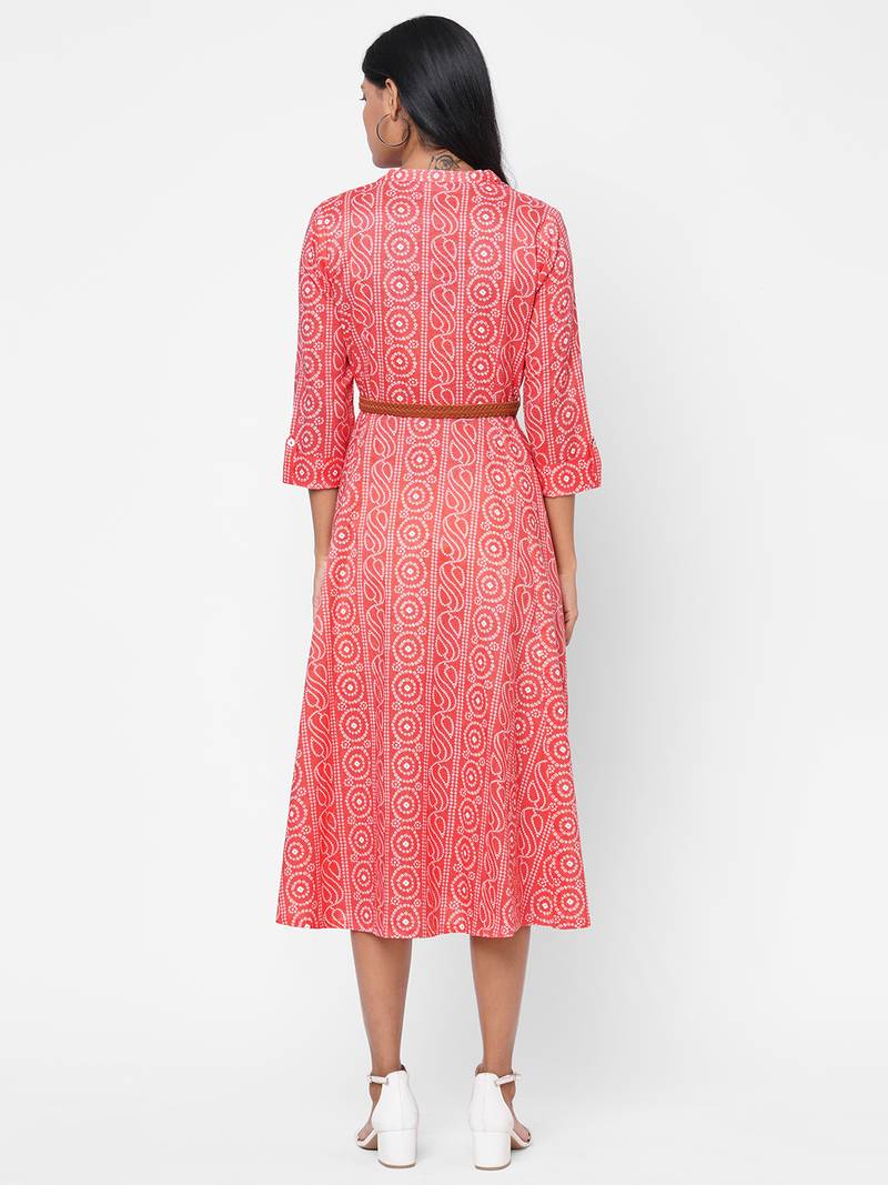 A-line Bandhani printed dress with leather belt