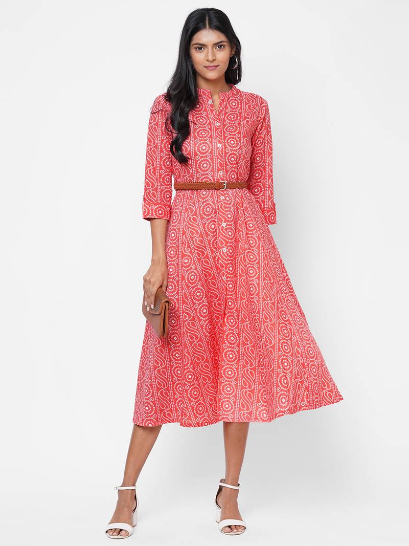 A-line Bandhani printed dress with leather belt