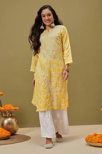 Hand Embroidered Yellow Pure Cambric Cotton Lucknow Chikankari Women Kurta