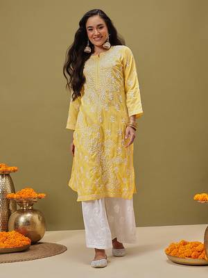 Hand Embroidered Yellow Pure Cambric Cotton Lucknow Chikankari Women Kurta 1