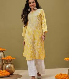 Hand Embroidered Yellow Pure Cambric Cotton Lucknow Chikankari Women Kurta