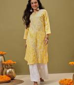 Hand Embroidered Yellow Pure Cambric Cotton Lucknow Chikankari Women Kurta