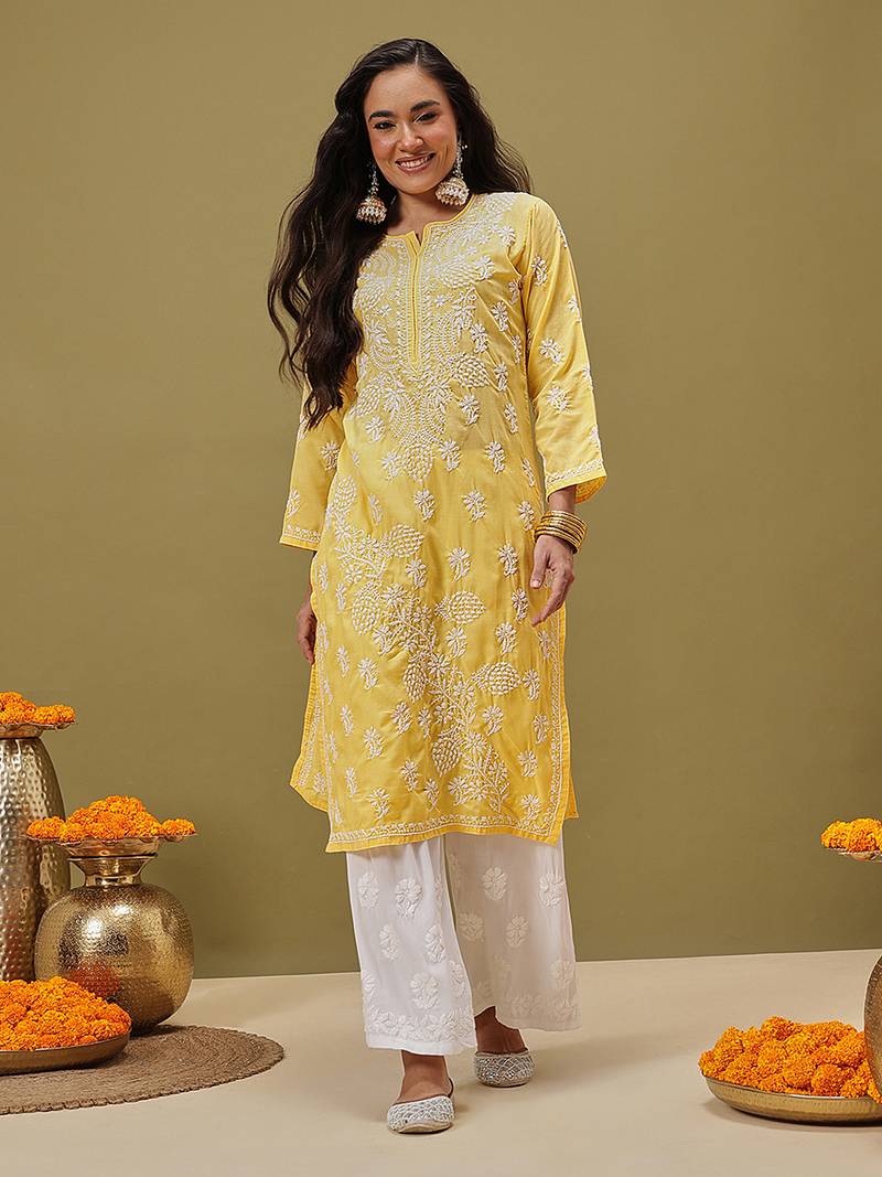Hand Embroidered Yellow Pure Cambric Cotton Lucknow Chikankari Women Kurta