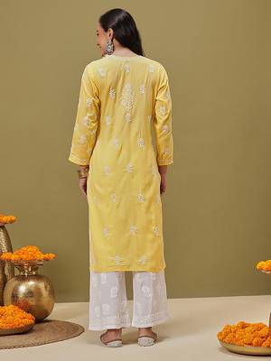 Hand Embroidered Yellow Pure Cambric Cotton Lucknow Chikankari Women Kurta 2