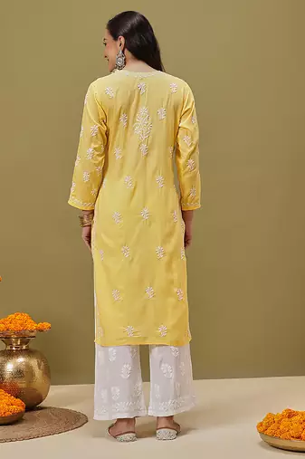 Hand Embroidered Yellow Pure Cambric Cotton Lucknow Chikankari Women Kurta