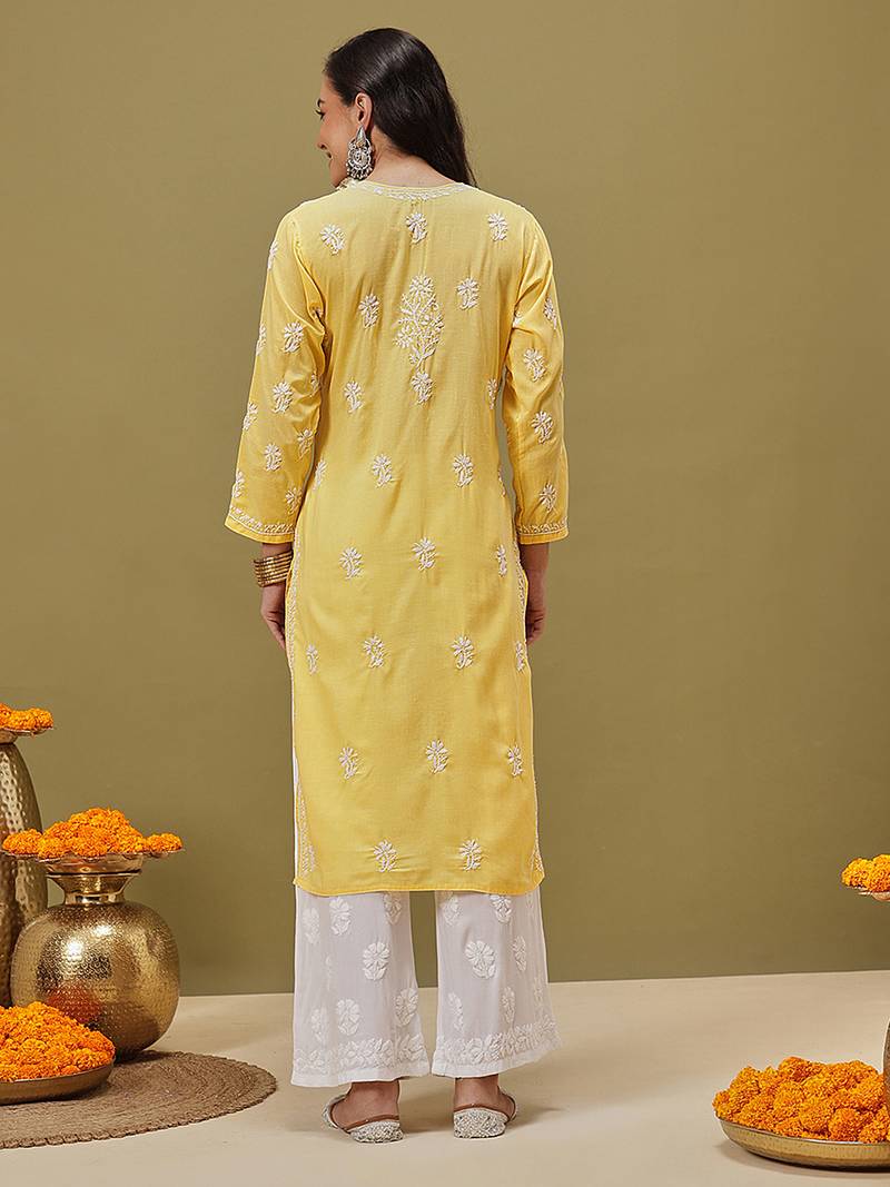 Hand Embroidered Yellow Pure Cambric Cotton Lucknow Chikankari Women Kurta