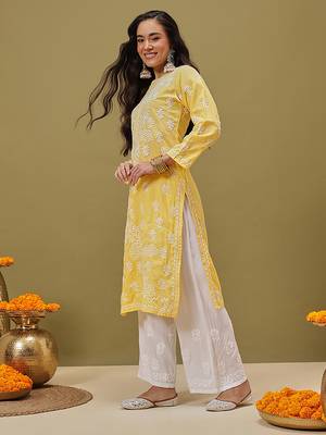 Hand Embroidered Yellow Pure Cambric Cotton Lucknow Chikankari Women Kurta 3