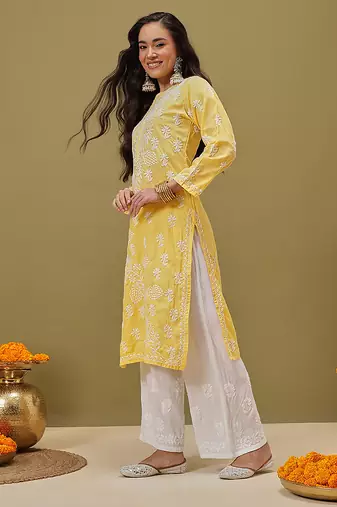 Hand Embroidered Yellow Pure Cambric Cotton Lucknow Chikankari Women Kurta