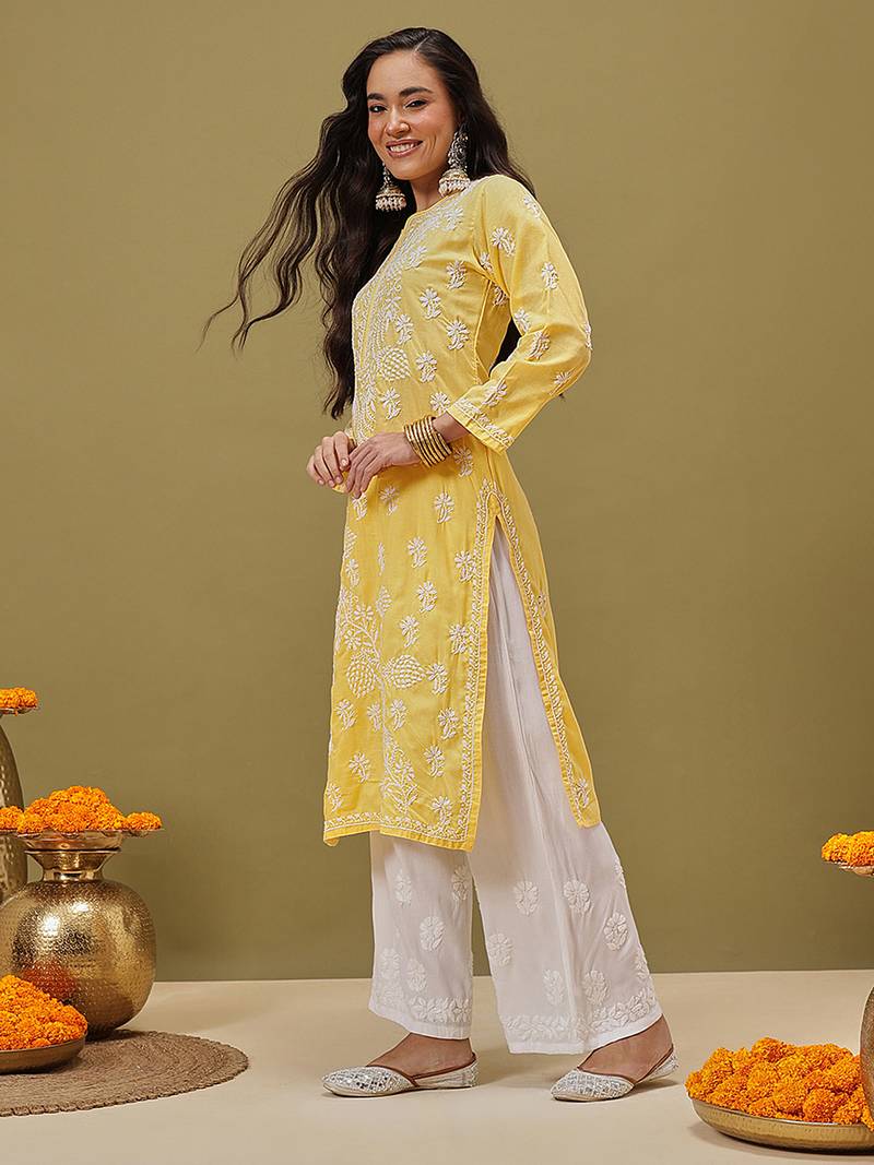 Hand Embroidered Yellow Pure Cambric Cotton Lucknow Chikankari Women Kurta