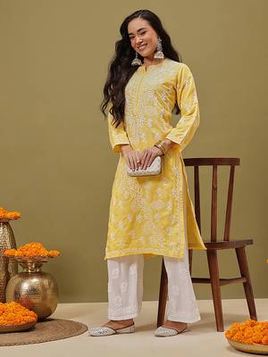 Hand Embroidered Yellow Pure Cambric Cotton Lucknow Chikankari Women Kurta 4