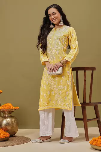 Hand Embroidered Yellow Pure Cambric Cotton Lucknow Chikankari Women Kurta