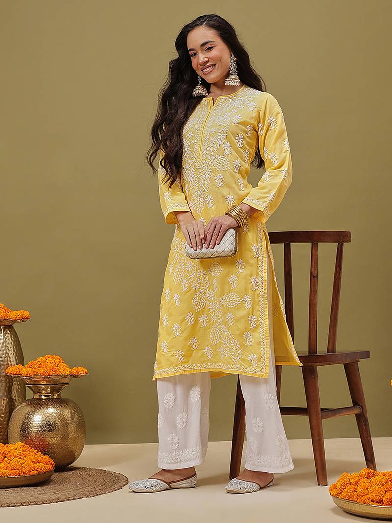 Hand Embroidered Yellow Pure Cambric Cotton Lucknow Chikankari Women Kurta