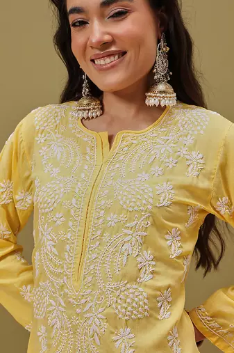 Hand Embroidered Yellow Pure Cambric Cotton Lucknow Chikankari Women Kurta