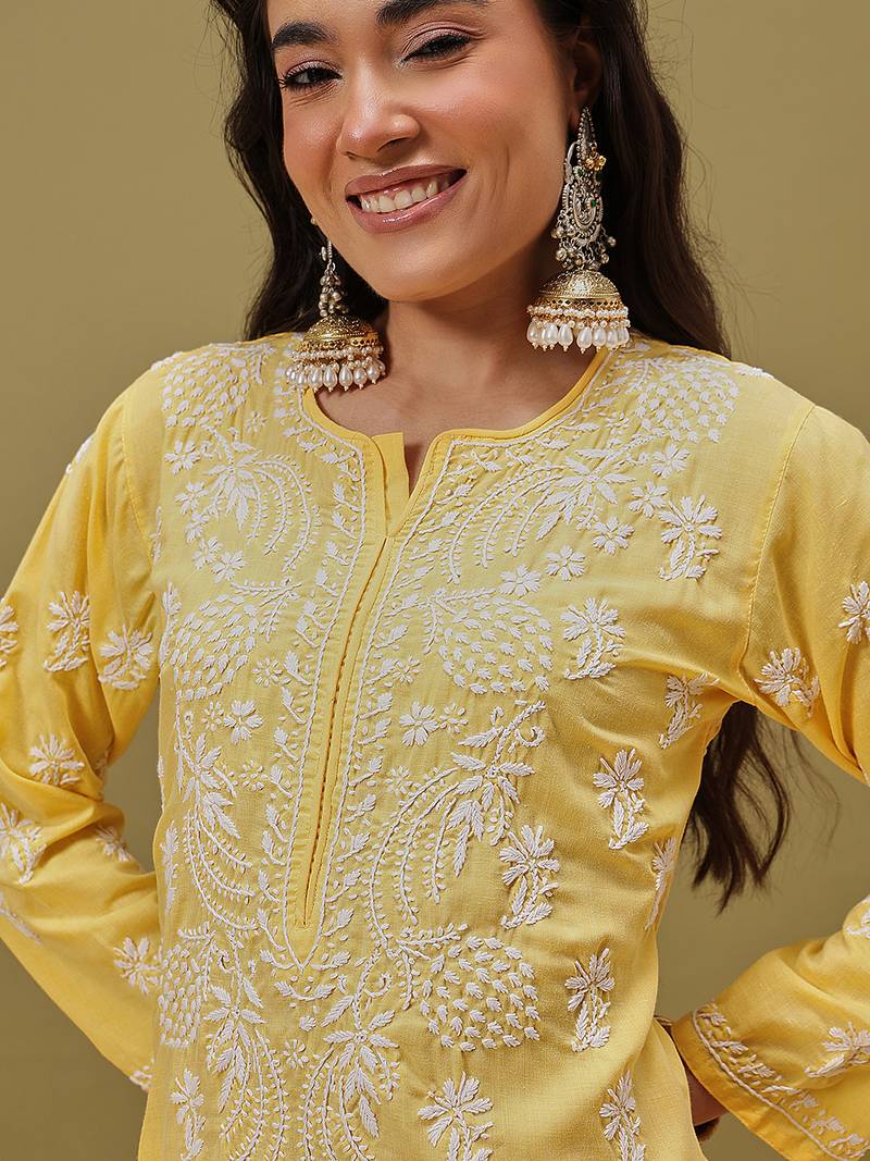 Hand Embroidered Yellow Pure Cambric Cotton Lucknow Chikankari Women Kurta