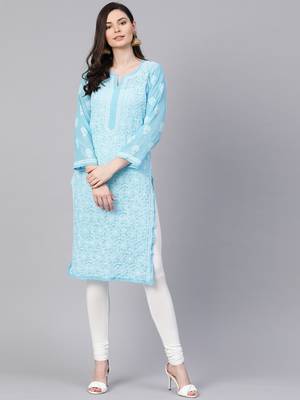 Ada Hand Embroidered Blue Georgette Lucknowi Chikankari Kurta - A95484 2