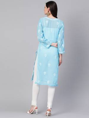 Ada Hand Embroidered Blue Georgette Lucknowi Chikankari Kurta - A95484 3