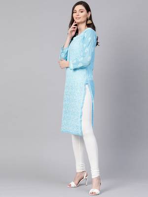 Ada Hand Embroidered Blue Georgette Lucknowi Chikankari Kurta - A95484 4