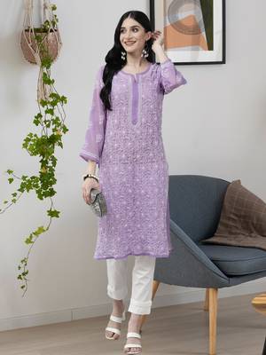 Hand Embroidered Mauve Faux Georgette Lucknow Chikankari Kurta 1