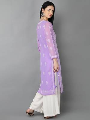 Hand Embroidered Mauve Faux Georgette Lucknow Chikankari Kurta 3