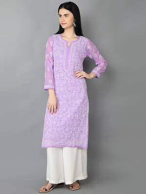 Hand Embroidered Mauve Faux Georgette Lucknow Chikankari Kurta 4