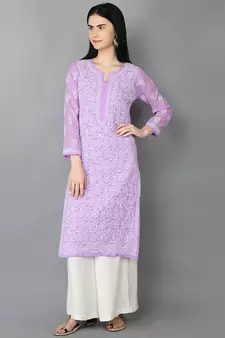 Hand Embroidered Mauve Faux Georgette Lucknow Chikankari Kurta