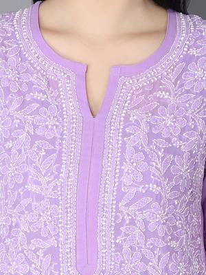 Hand Embroidered Mauve Faux Georgette Lucknow Chikankari Kurta 5