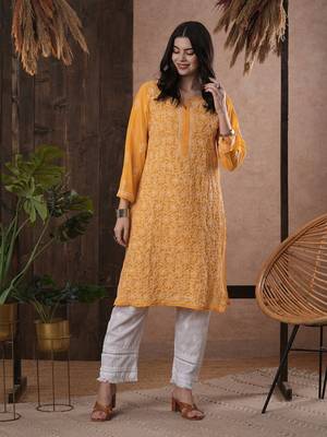 Hand Embroidered Mustard Georgette Lucknow Chikankari Women Kurta 1