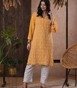 Hand Embroidered Mustard Georgette Lucknow Chikankari Women Kurta