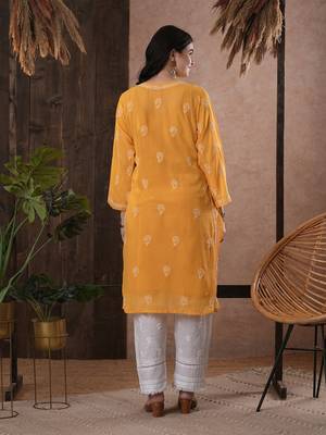 Hand Embroidered Mustard Georgette Lucknow Chikankari Women Kurta 3