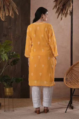 Hand Embroidered Mustard Georgette Lucknow Chikankari Women Kurta