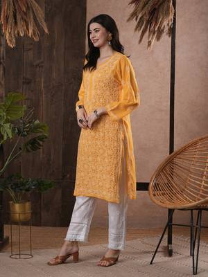 Hand Embroidered Mustard Georgette Lucknow Chikankari Women Kurta 4