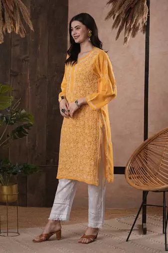 Hand Embroidered Mustard Georgette Lucknow Chikankari Women Kurta