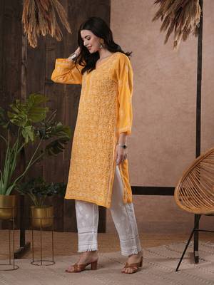 Hand Embroidered Mustard Georgette Lucknow Chikankari Women Kurta 5