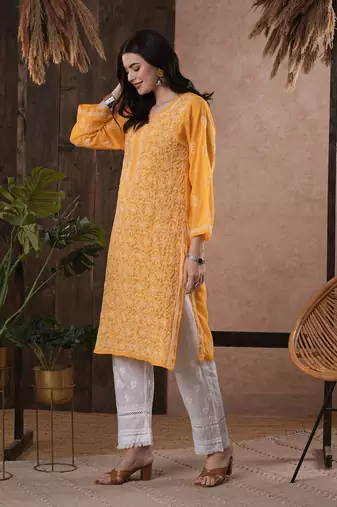 Hand Embroidered Mustard Georgette Lucknow Chikankari Women Kurta