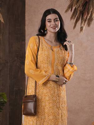 Hand Embroidered Mustard Georgette Lucknow Chikankari Women Kurta 6