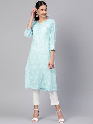 Ada Hand Crafted Blue Cotton Lucknowi Chikankari Indian Women Kurta - A236285 1