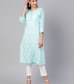 Ada Hand Crafted Blue Cotton Lucknowi Chikankari Indian Women Kurta - A236285
