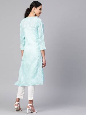 Ada Hand Crafted Blue Cotton Lucknowi Chikankari Indian Women Kurta - A236285 2
