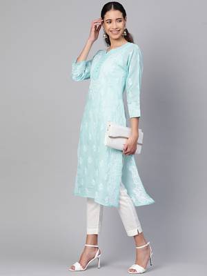 Ada Hand Crafted Blue Cotton Lucknowi Chikankari Indian Women Kurta - A236285 4