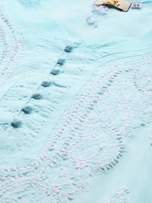 Ada Hand Crafted Blue Cotton Lucknowi Chikankari Indian Women Kurta - A236285 5